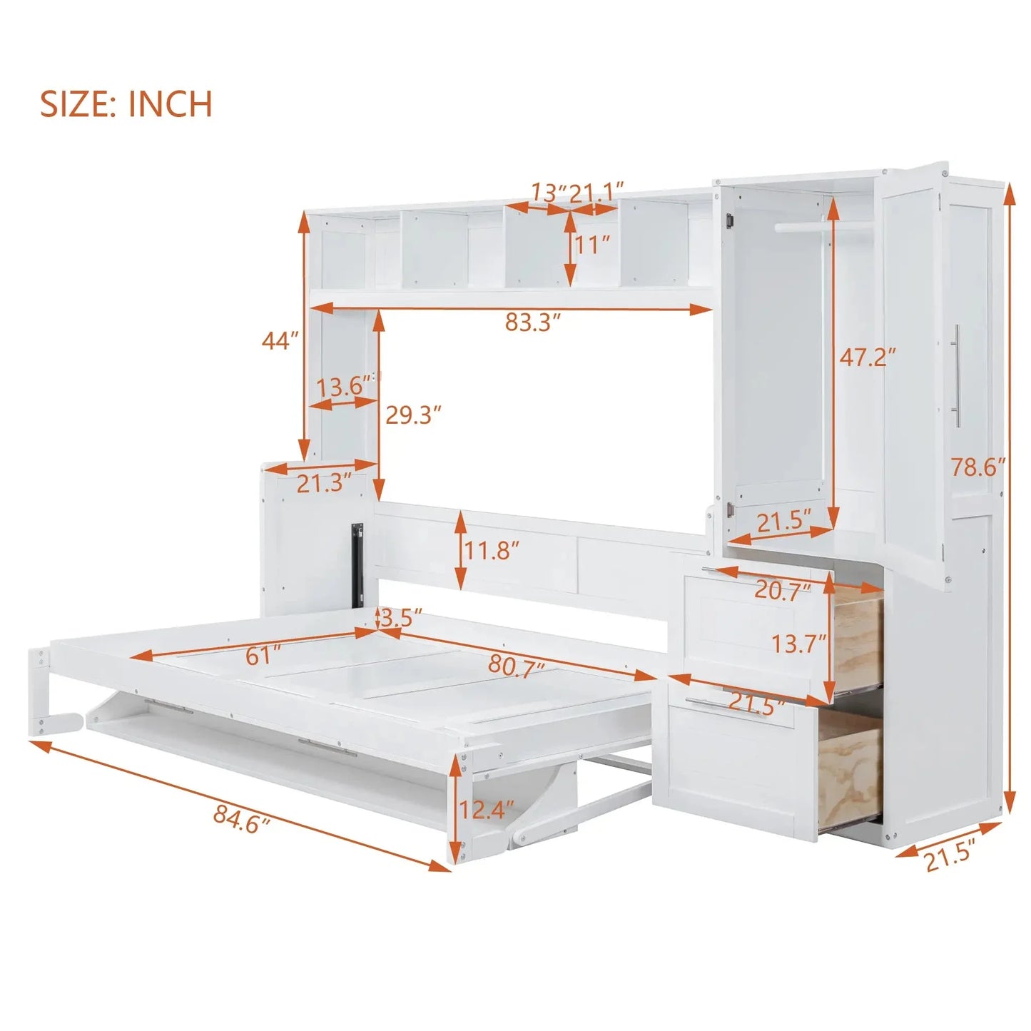 Aosom Murphy Wall Bed Murphy Bed with Storage and Closet - Available in 2 Sizes and 2 Colours
