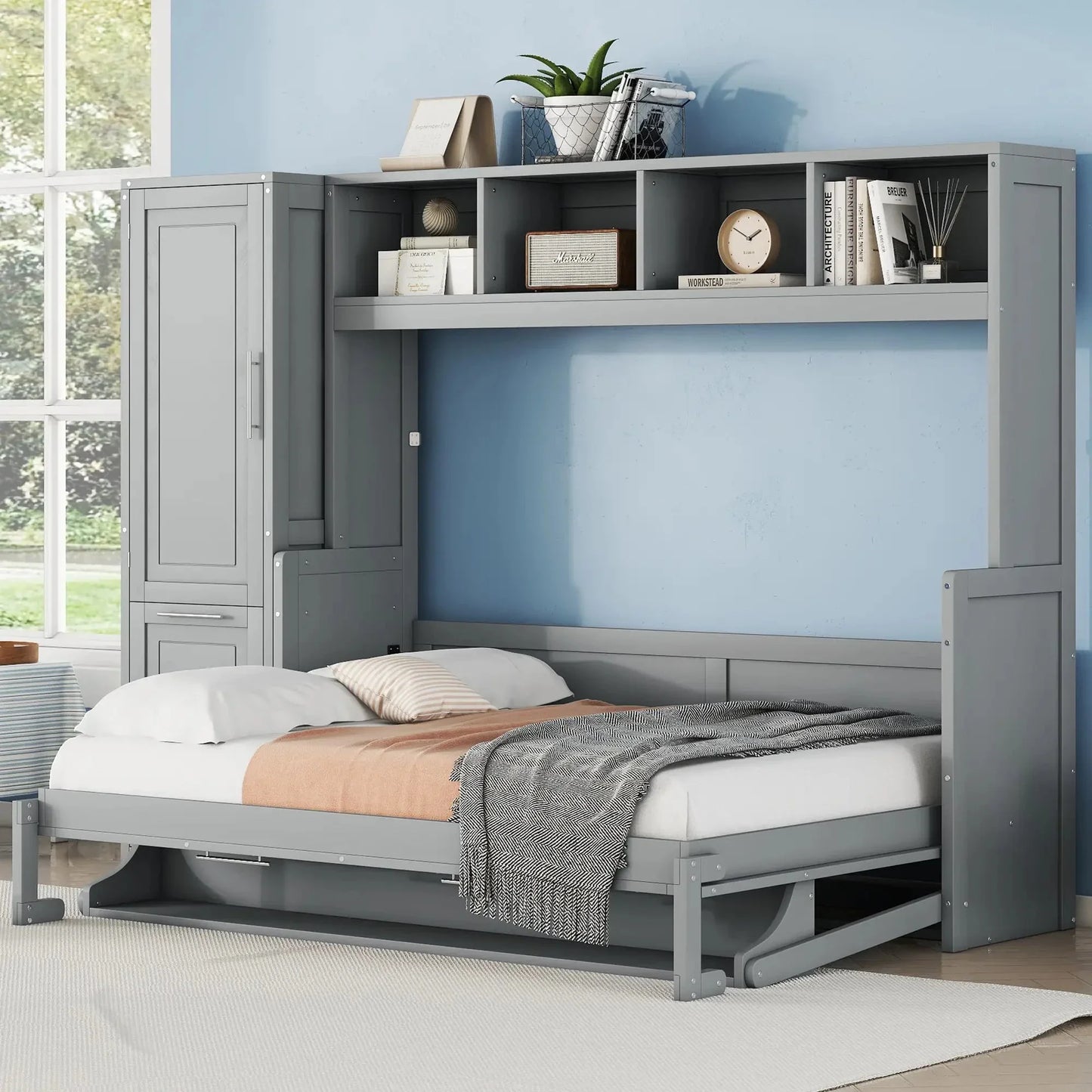 Aosom Murphy Wall Bed Murphy Bed with Storage and Closet - Available in 2 Sizes and 2 Colours