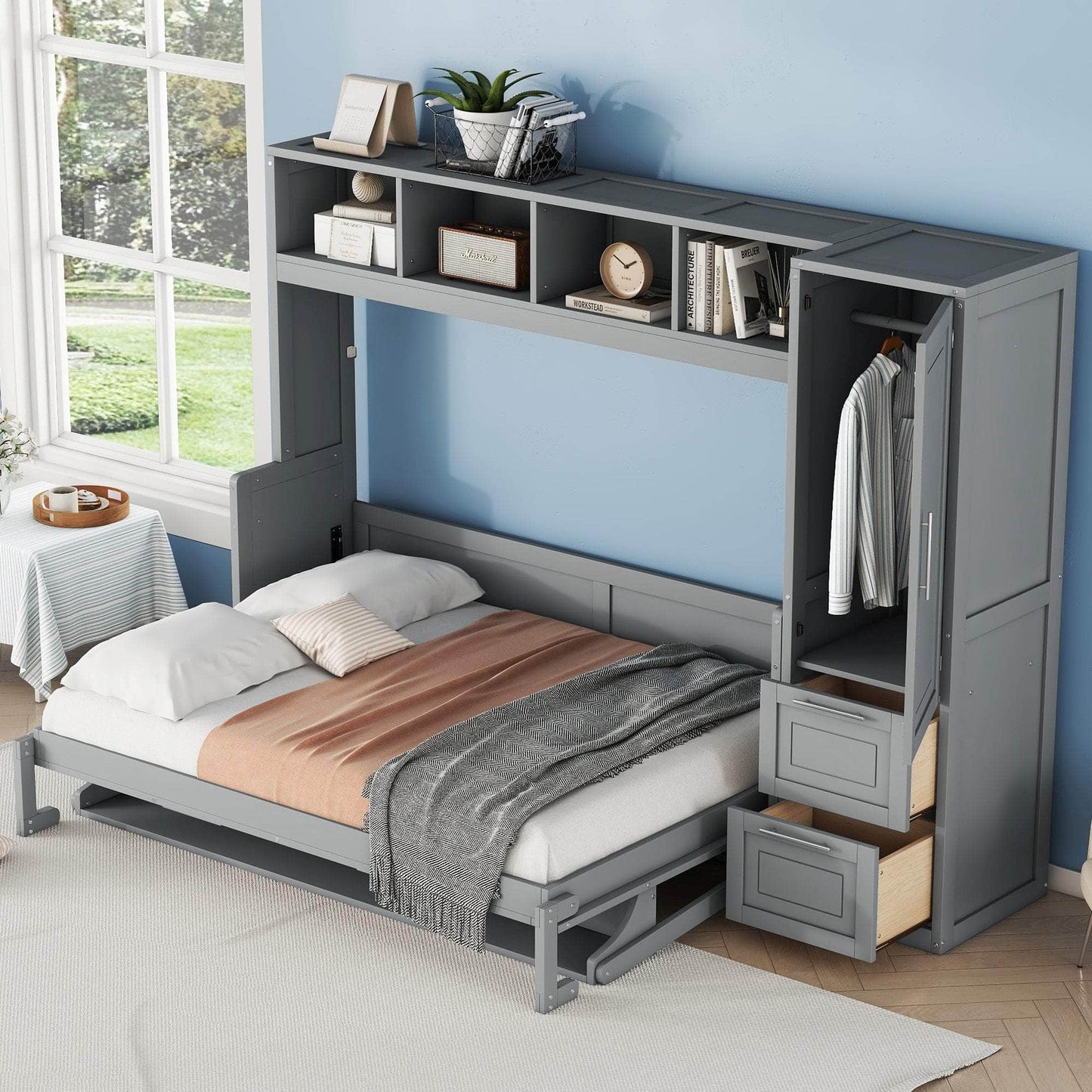 Aosom Murphy Wall Bed Murphy Bed with Storage and Closet - Available in 2 Sizes and 2 Colours