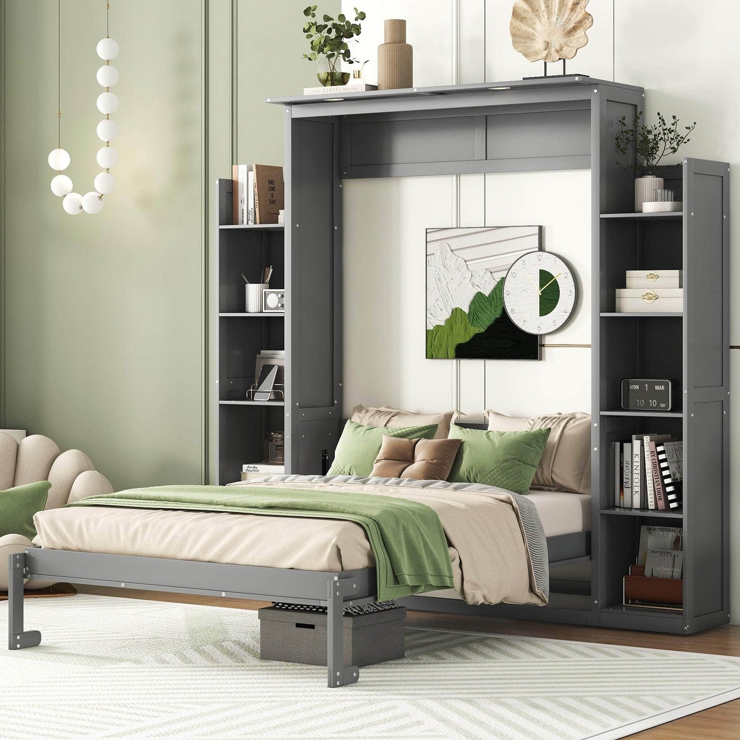 Aosom Murphy Wall Bed Murphy Wall Bed with Storage Shelves and LED Lights - Available in 2 Sizes and 2 Colours
