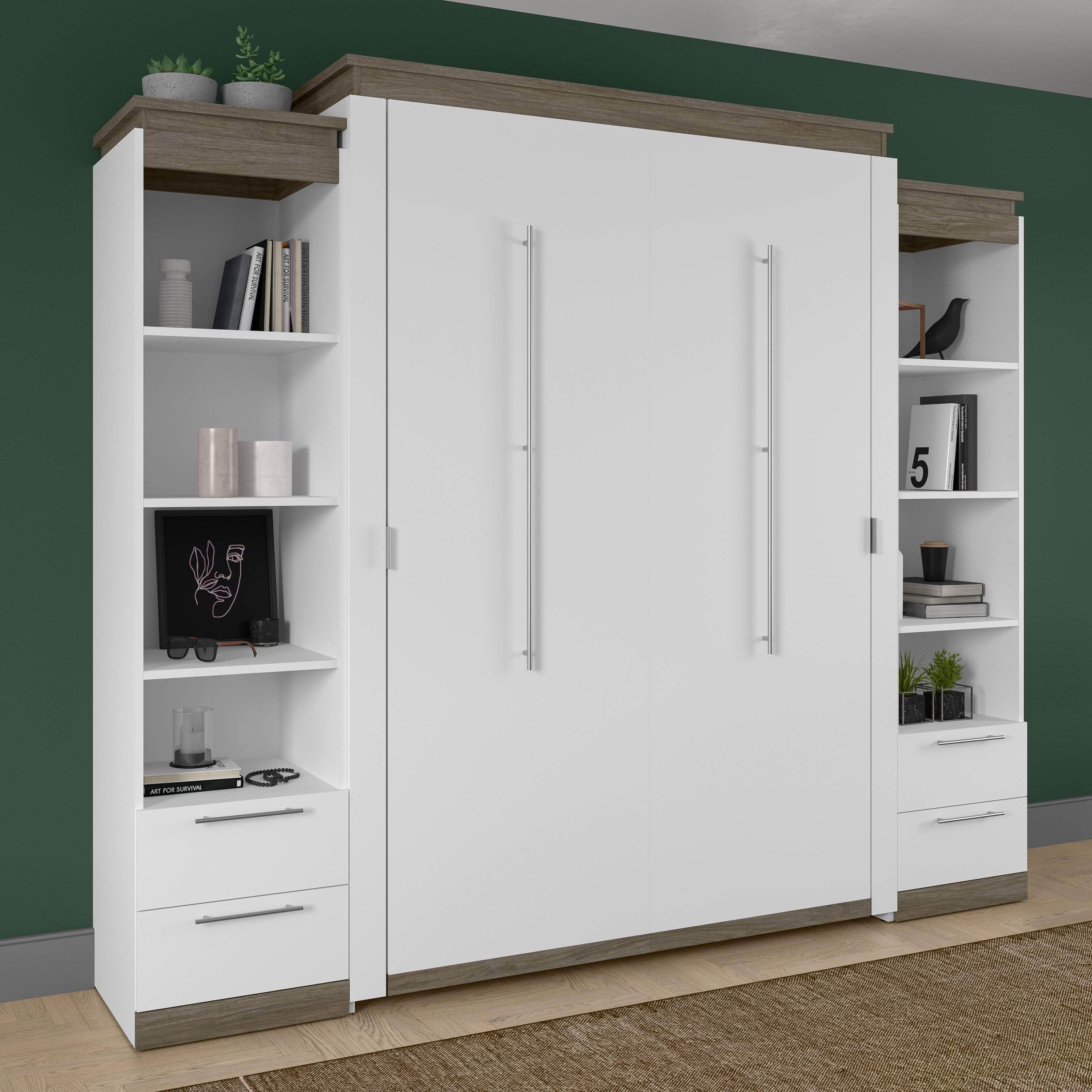 Modubox Orion 104"W Queen Murphy Wall Bed with 2 Narrow Shelving Units ...
