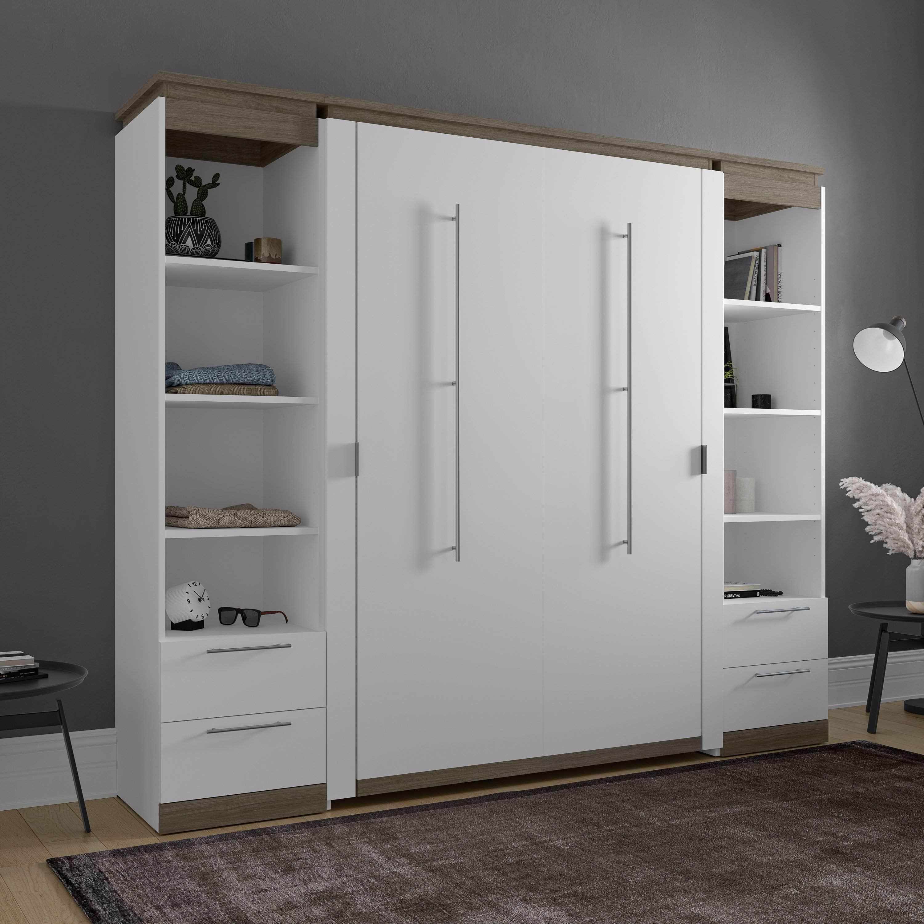 Modubox Orion 98"W Full Murphy Wall Bed with 2 Narrow Shelving Units ...