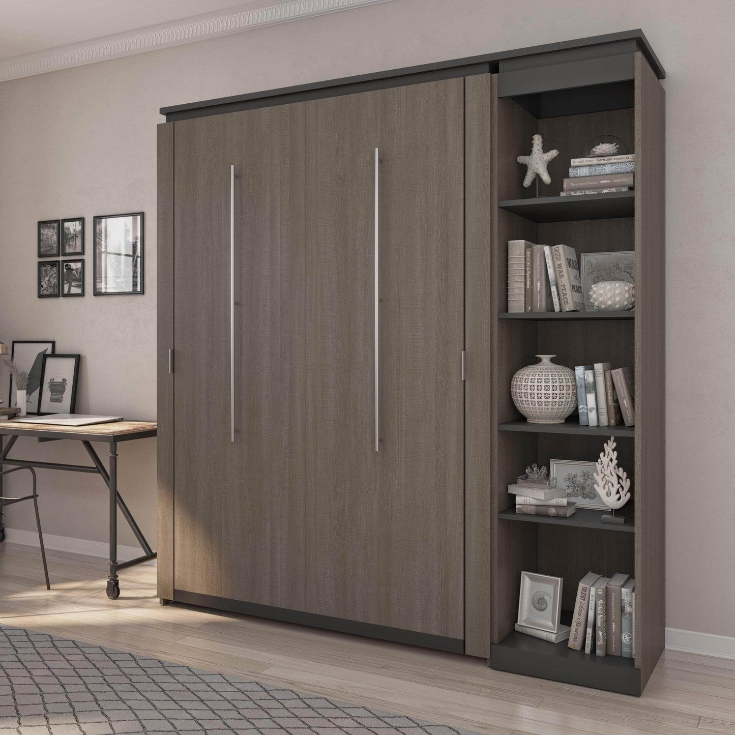 Modubox Murphy Wall Bed Orion Full Murphy Wall Bed with Narrow Shelving Unit - Available in 2 Colours
