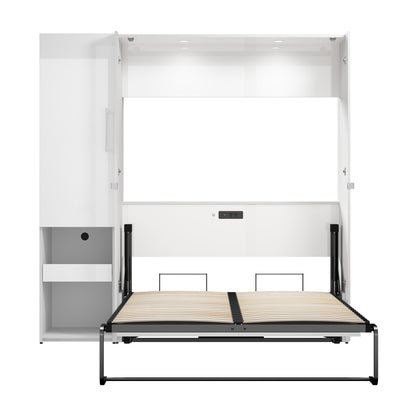Modubox Avalon High Gloss Full Murphy Bed and Storage Cabinet with Pull-Out Shelf (81W) in High Gloss White