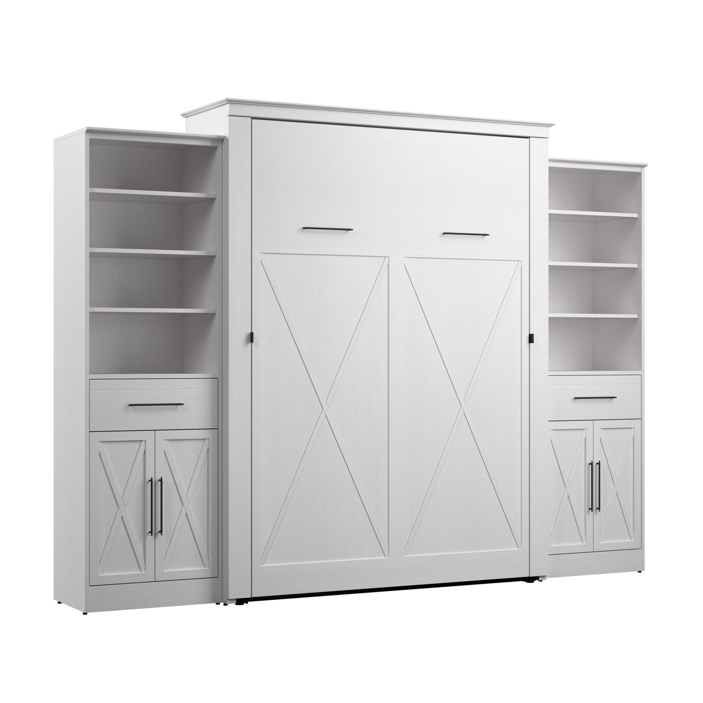Modubox Key West 117W Queen Murphy Bed and Closet Organizers with Doors and Drawers (119W) in Pure White Oak