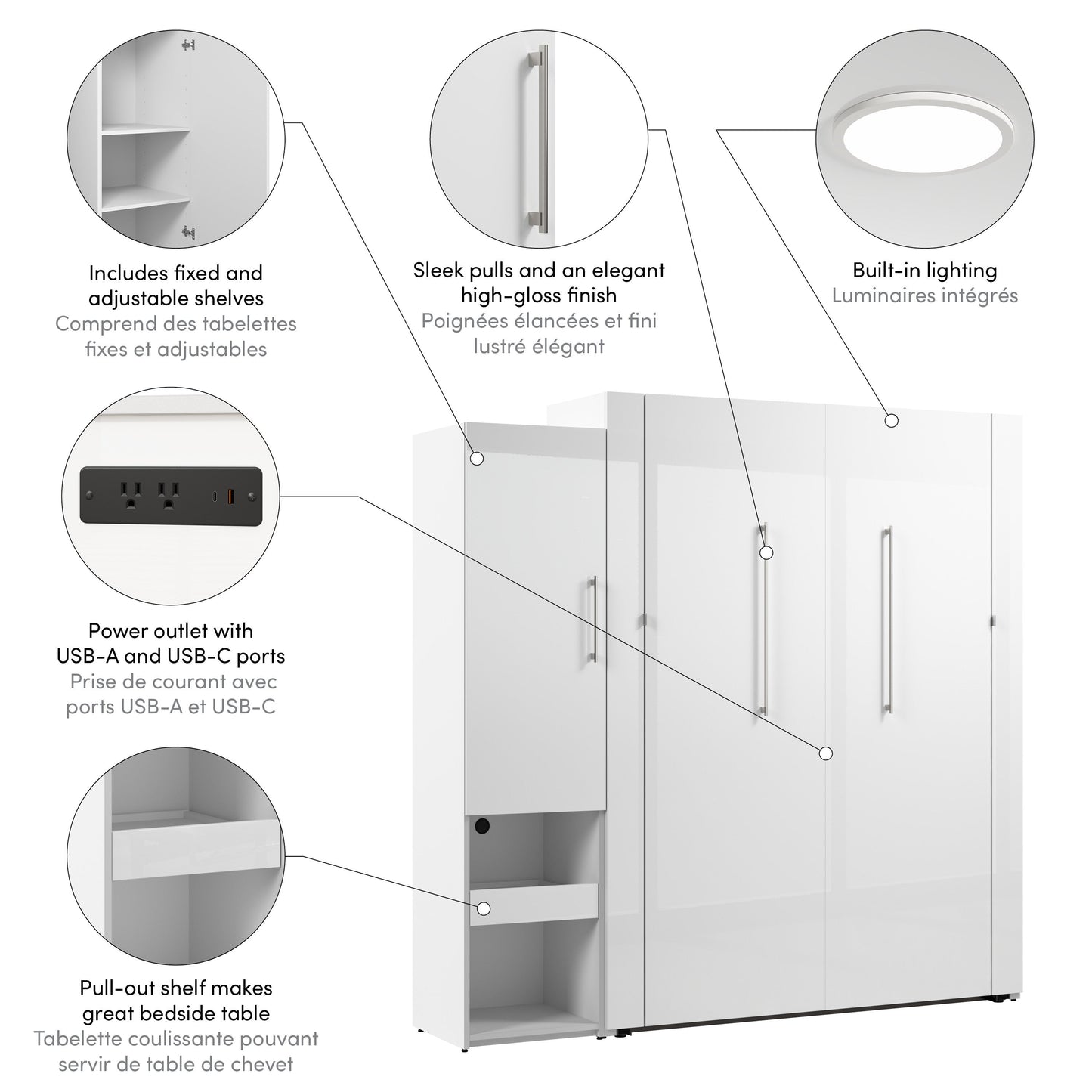 Modubox Avalon High Gloss Queen Murphy Bed and Storage Cabinet with Pull-Out Shelf (87W) in High Gloss White