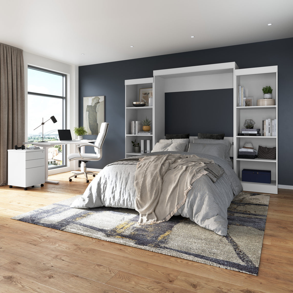 Modubox Edge Full Murphy Wall Bed with Closet Organizers in White ...