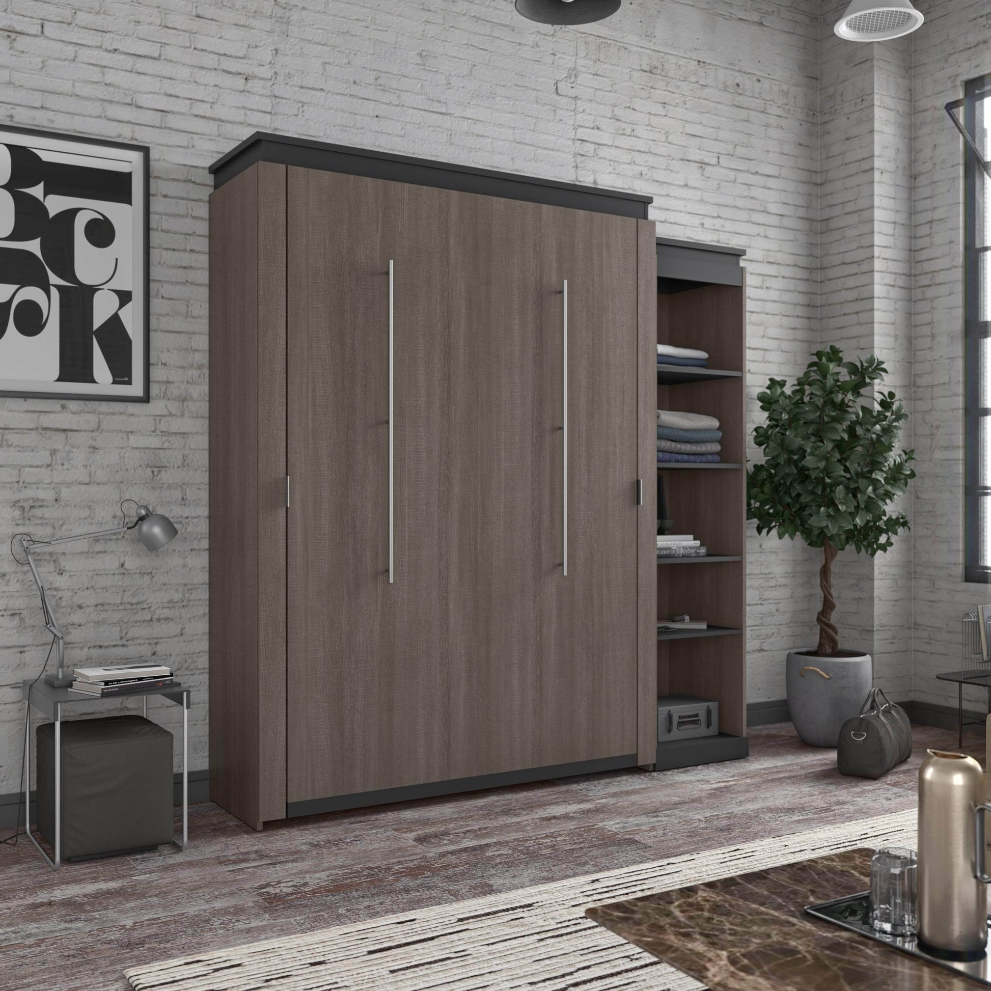 Modubox Murphy Wall Bed Orion Queen Murphy Wall Bed with Narrow Shelving Unit - Available in 2 Colours