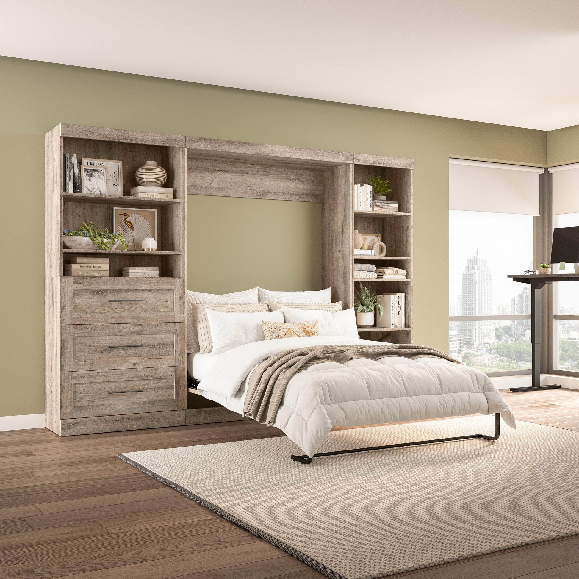 Modubox Murphy Wall Bed Pur Full Murphy Wall Bed, 1 Storage Unit with Shelves, and 1 Storage Unit with Drawers (120”) - Available in 3 Colours
