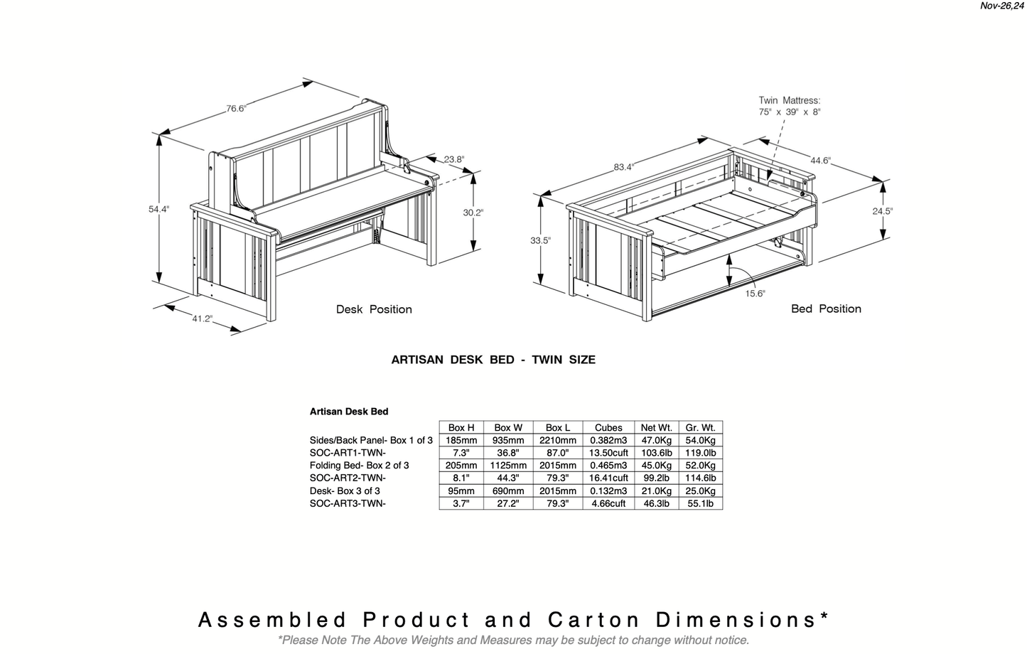 Night and Day Murphy Bed Artisan Twin Horizontal Murphy Folding Desk Bed in Black Walnut