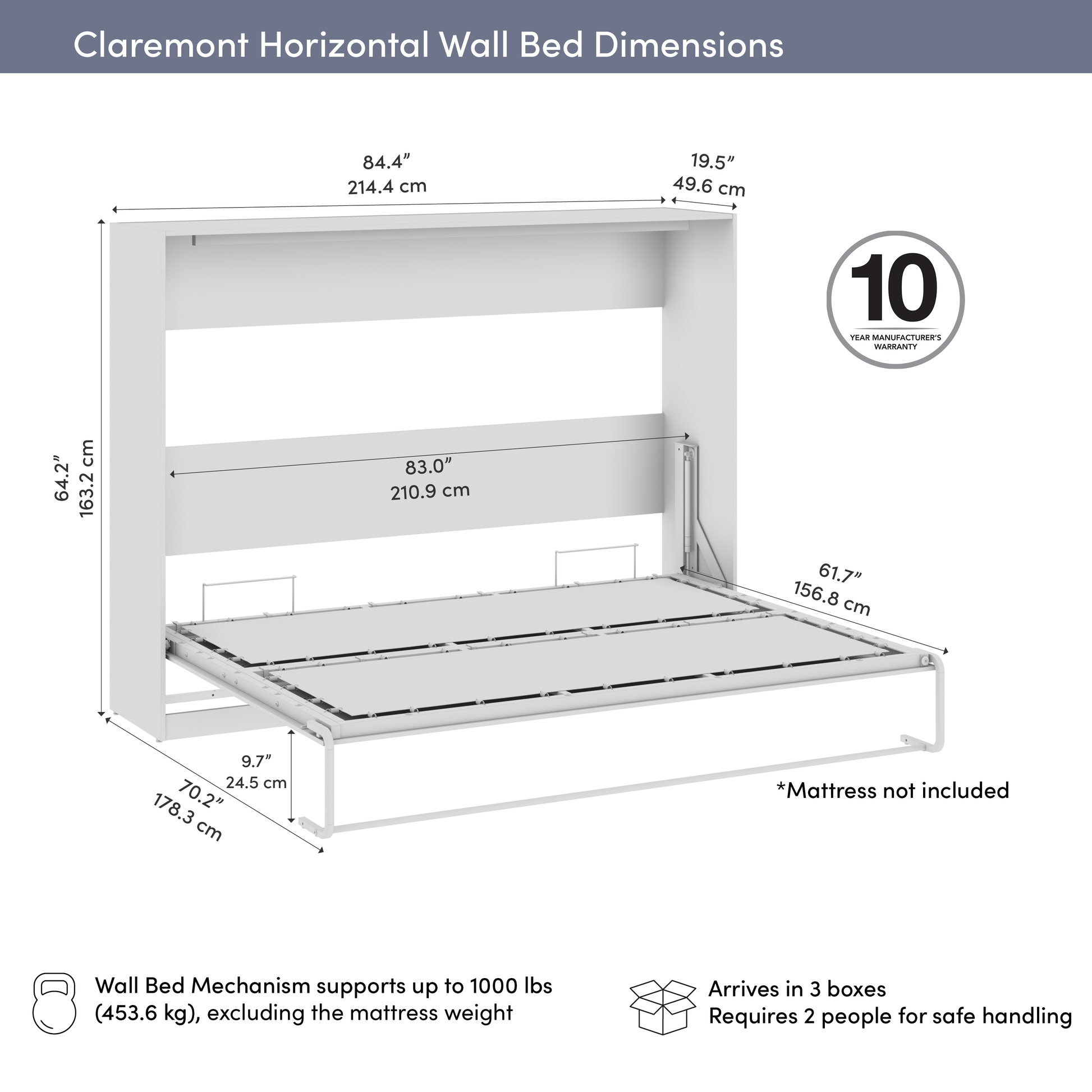 Pending - Modubox Claremont 85"W Queen Horizontal Murphy Bed - Available in 2 Colours