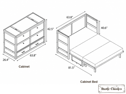 Rustic Classics Murphy Bed Stow Queen Size Murphy Bed Cabinet with Gel Memory Foam Mattress - Available in 4 Colours